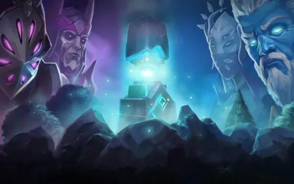 HD desktop wallpaper featuring characters from the video game RuneScape, surrounded by mystical elements and vibrant lighting, set against a dramatic, rocky backdrop.