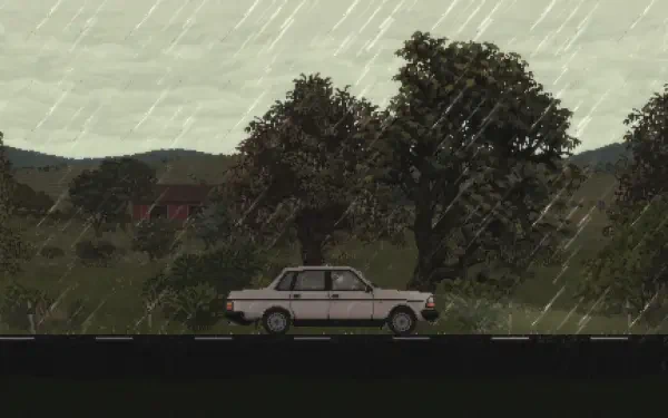 A picturesque HD wallpaper featuring a classic car driving through a rain-soaked landscape, inspired by the video game Keep Driving.