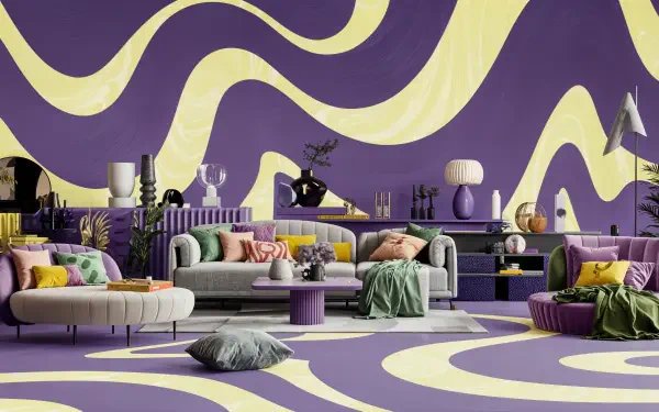 A vibrant maximalist interior featuring purple walls with yellow wave patterns, stylish furniture, and eclectic decor, creating a lively atmosphere for a 4K Ultra HD wallpaper.