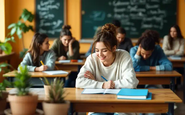 A student smiles while doing homework at a desk in a classroom, surrounded by classmates focused on their tasks. A vibrant educational environment with chalkboards in the background.