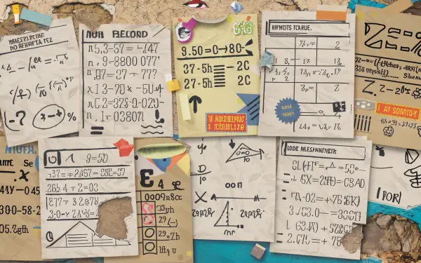 A collage of homework sheet notes featuring mathematical equations and diagrams, pinned to a textured wall. This visually engaging image serves as a 4K Ultra HD desktop wallpaper.