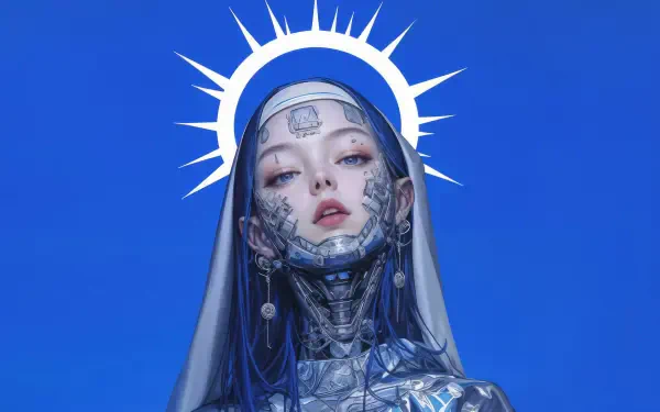 A cyberpunk anime girl with a robotic visage, wearing a nun's habit, is set against a vibrant blue background, featuring a halo motif. This striking image is a 4K Ultra HD desktop wallpaper.