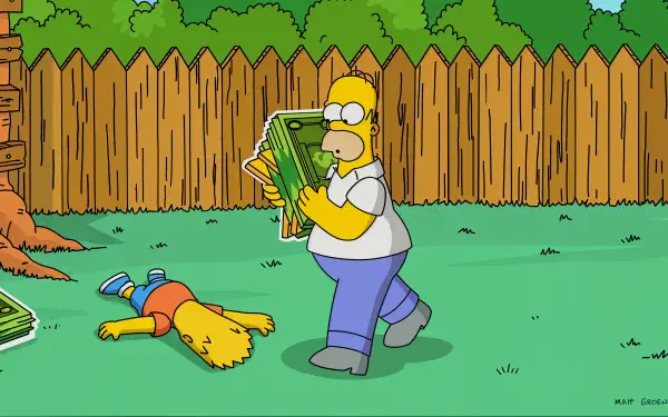 Homer Simpson walks in the backyard holding a stack of money while Bart lies on the ground, referencing the popular video game, The Simpsons: Tapped Out, in vibrant 4K Ultra HD.