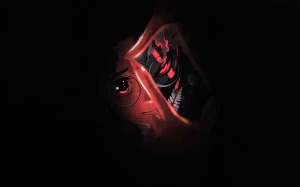 Dandadan-themed 4K Ultra HD PC desktop wallpaper featuring a close-up of a character's intense eye and a glowing red figure reflected within.