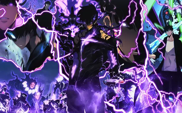 Vibrant Solo Leveling scene with dynamic purple lightning effects, rendered in stunning 4K Ultra HD for a striking PC desktop wallpaper and background.