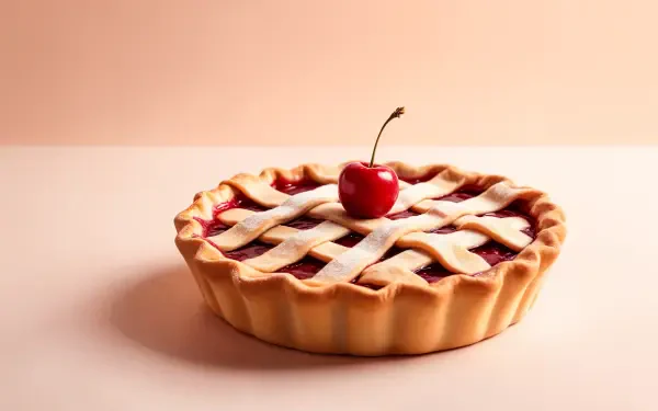 A delicious cherry pie sits on a pastel surface, showcasing a golden crust and a shiny cherry on top, captured in stunning 4K Ultra HD for a vibrant desktop wallpaper.