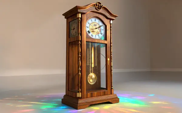 A beautifully crafted grandfather clock, showcasing intricate wooden details and an elegant design, illuminated by colorful reflections on the floor in this 4K Ultra HD wallpaper.