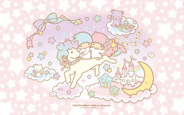 A whimsical HD desktop wallpaper featuring the Little Twin Stars from Sanrio, capturing a dreamy scene with pastel colors, clouds, stars, and cute characters on a magical adventure.