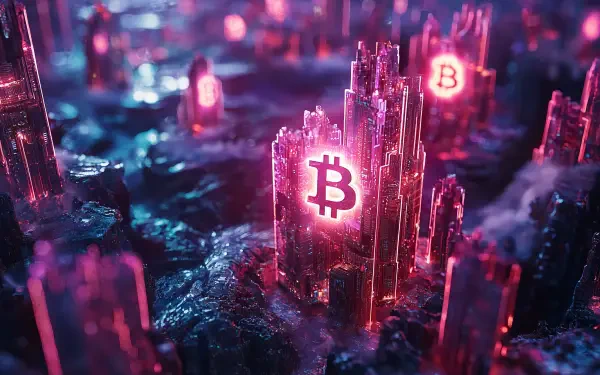 A vibrant HD desktop wallpaper featuring glowing pink crystals and Bitcoin symbols, capturing the essence of cryptocurrency and crypto mining in a futuristic landscape.