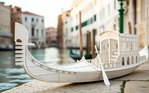 A beautifully crafted gondola model rests by the water's edge, framed by charming architecture, creating an enchanting scene perfect for a 4K Ultra HD desktop wallpaper.