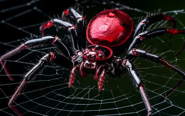 A close-up of a black widow spider showcasing its distinctive red hourglass marking, set against a detailed spider web, presented as a striking 4K Ultra HD wallpaper.