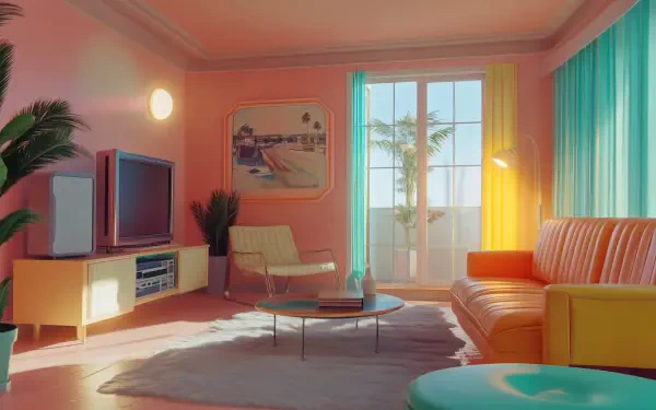 4K Ultra HD wallpaper of a retro 80s living room interior design featuring pastel walls, vintage furniture, vibrant curtains, and a sunlit balcony with palm trees outside.