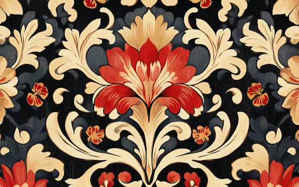 A vintage pattern featuring ornate floral designs in red and gold on a black background, optimized as a 4K Ultra HD PC desktop wallpaper and background.