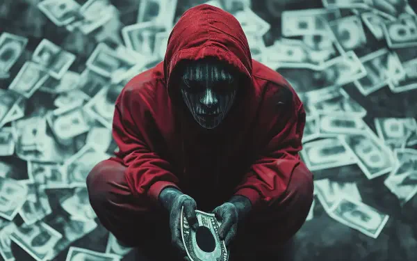 A man in a red hoodie sits amidst scattered money, holding a dollar bill, embodying the theme of wage slavery in this striking 4K Ultra HD wallpaper.