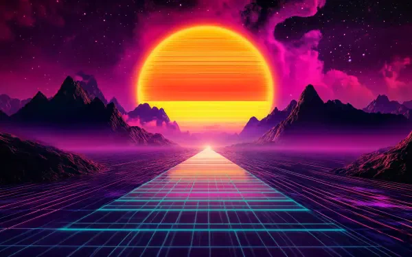 A vibrant retro 80s retrowave scene featuring a large orange sun set against a purple sky, with mountains and a grid pathway leading towards it. 4K Ultra HD quality.