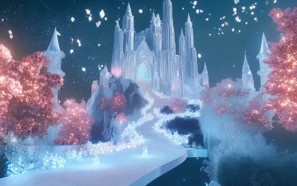 A stunning 4K Ultra HD image of an enchanted castle, surrounded by luminescent flora and ethereal light, creating a magical fantasy landscape.