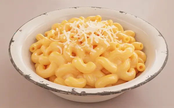 A delectable bowl of creamy mac and cheese, topped with shredded cheese, presented in a rustic white dish. This image serves as a vibrant 4K Ultra HD desktop wallpaper.