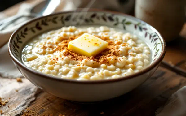 A close-up of a bowl of oatmeal topped with a pat of butter and a sprinkle of cinnamon, set against a rustic wooden background. This 4K Ultra HD image serves as a desktop wallpaper.