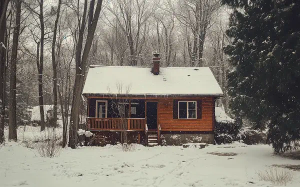 A cozy winter cabin nestled among snow-covered trees, featuring a rustic facade and a welcoming porch. This 4K Ultra HD image serves as a stunning desktop wallpaper.