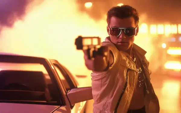 A retro 90s scene featuring a man in sunglasses pointing a camera while standing by a car, set against a backdrop of vibrant colors and dramatic lighting, presented as a 4K Ultra HD wallpaper.