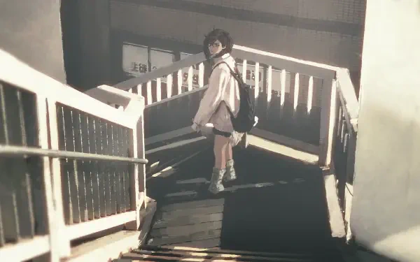 Anime HD PC desktop wallpaper/background: Momo Ayase from Dandadan stands on a sunlit stairwell, backpack on, glancing back over her shoulder in moody urban light.