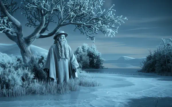 A frosty landscape featuring a serene figure in a traditional cloak, standing near a bare tree on the icy shore, all captured in stunning 4K Ultra HD quality.