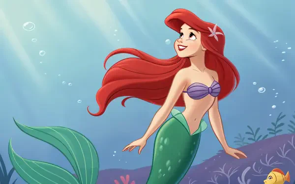 A vibrant 4K Ultra HD desktop wallpaper featuring Ariel from The Little Mermaid, showcasing her flowing red hair and enchanting underwater scene. Bright colors bring the image to life.