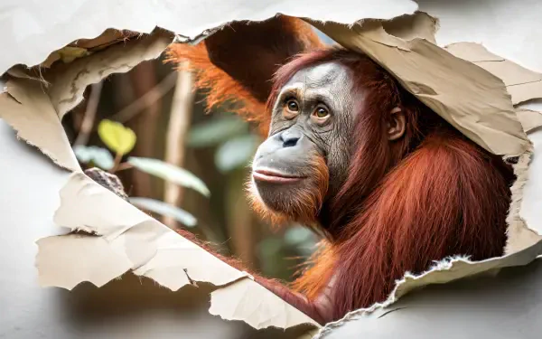 A stunning 4K Ultra HD wallpaper featuring an orangutan peering through a torn piece of paper, highlighting its expressive face and vibrant fur against a natural backdrop.