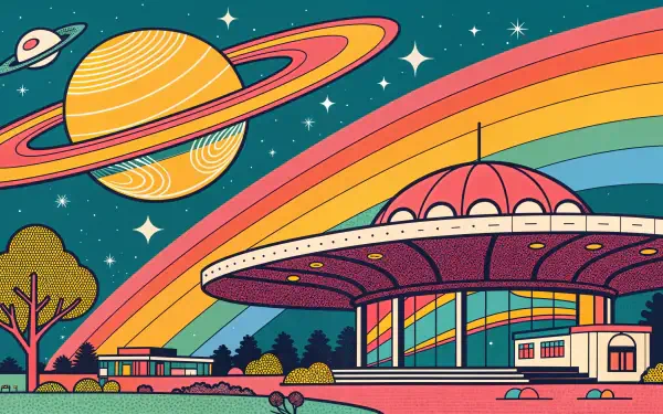 A vibrant 4K Ultra HD PC desktop wallpaper featuring a whimsical UFO under a colorful rainbow, with Saturn and a starry night sky in the background.