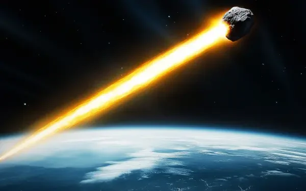 A stunning HD wallpaper depicting an asteroid hurtling towards Earth, with a vibrant laser beam illuminating the scene against the backdrop of space.