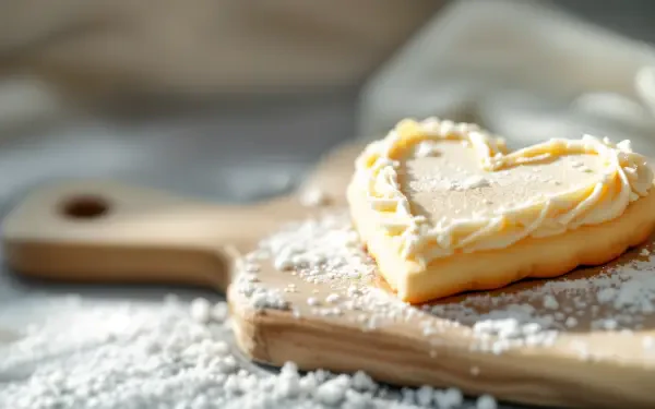 A beautifully styled heart-shaped sugar cookie topped with creamy frosting sits on a wooden cutting board, surrounded by a dusting of powdered sugar, showcased in vibrant 4K Ultra HD quality.