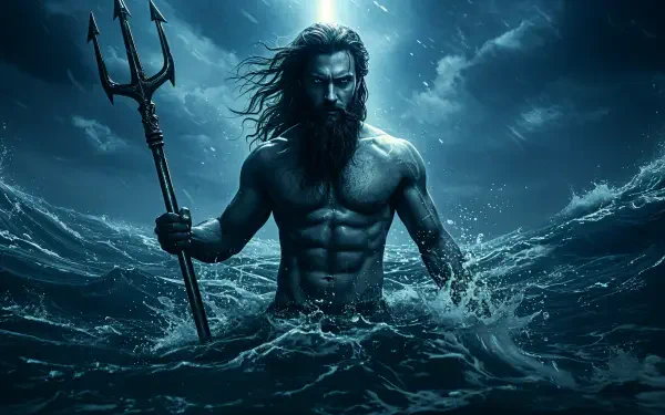 A dramatic 4K Ultra HD wallpaper featuring a muscular man with a trident, emerging from turbulent ocean waves against a stormy backdrop.
