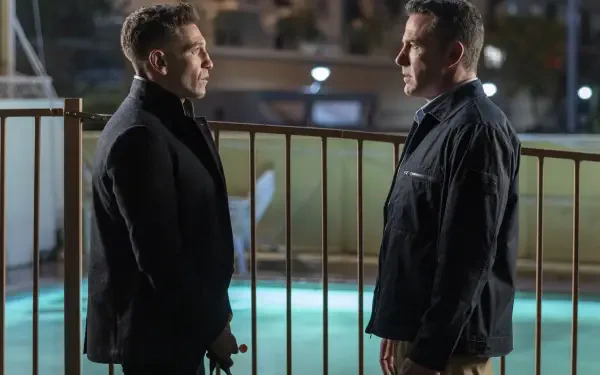 Ben Affleck and Jon Bernthal face off in a tense moment from The Accountant 2 in this 4K Ultra HD desktop wallpaper. Dark lighting enhances the dramatic atmosphere.