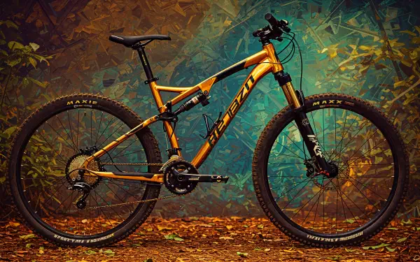 A striking mountain bike in vibrant orange, set against a colorful, textured background. The image serves as a captivating 4K Ultra HD desktop wallpaper.