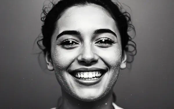 A joyful woman with curly hair smiles brightly, radiating happiness. This striking image serves as a vibrant 4K Ultra HD PC desktop wallpaper and background.