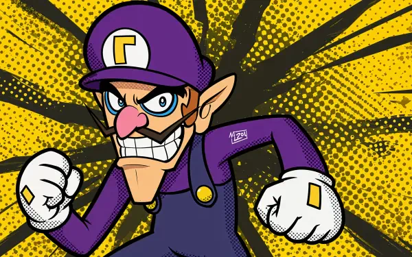 A vibrant 4K Ultra HD desktop wallpaper featuring Waluigi in an action pose, with a dynamic yellow comic-style background that enhances his mischievous character.