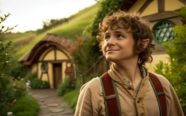 A hobbit stands outdoors, smiling contentedly in front of a charming, rustic house surrounded by lush greenery. This 4K Ultra HD image captures a whimsical fantasy vibe.