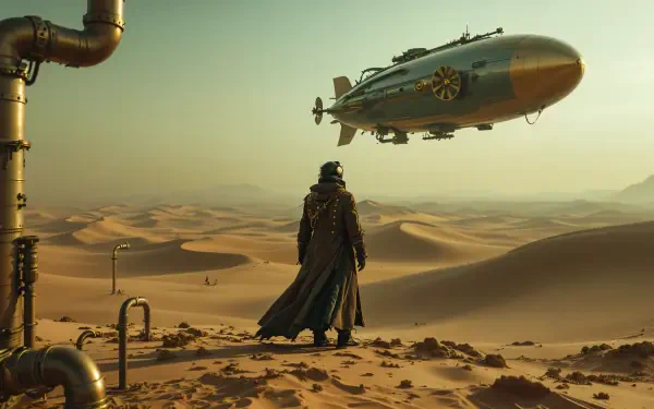 A lone figure in a long coat gazes at a flying airship above vast desert dunes, captured in stunning 4K Ultra HD.