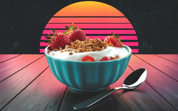 A vibrant 4K Ultra HD wallpaper featuring a bowl of yogurt topped with strawberries and granola, set against a retro sunset background.