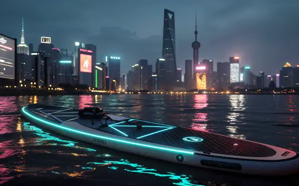 A glowing paddle board rests on calm water, silhouetted against a vibrant skyline of modern skyscrapers at night, creating a stunning 4K Ultra HD desktop wallpaper background.
