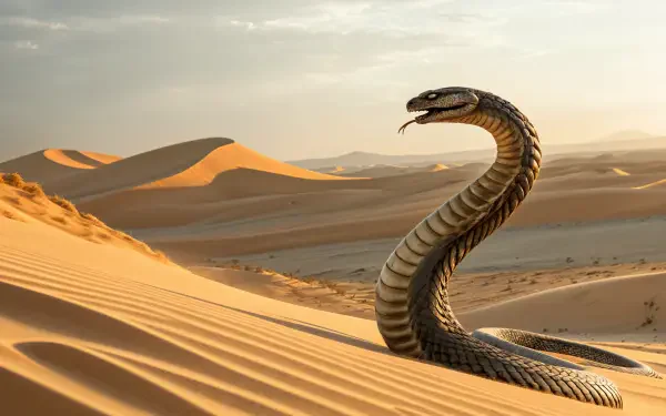 A striking 4K Ultra HD wallpaper featuring a snake poised among golden sand dunes, with a dramatic desert landscape and soft sunlight illuminating the scene.