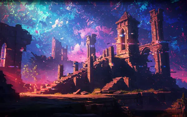 A vibrant fantasy ruin with towering arches and steps, set against a cosmic backdrop of colorful skies. This stunning image serves as a captivating 4K Ultra HD desktop wallpaper.