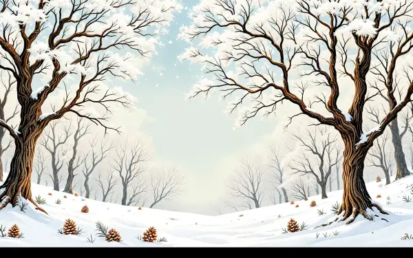 A serene snowy forest scene, featuring bare trees and scattered pine cones, captured in vibrant 4K Ultra HD, makes for an inviting desktop wallpaper and background.