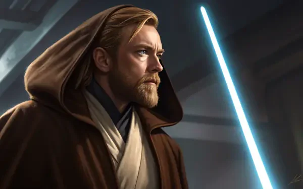 A 4K Ultra HD PC desktop wallpaper featuring Obi-Wan Kenobi, depicted in a contemplative pose with a blue lightsaber, showcasing his iconic robe and strong presence.