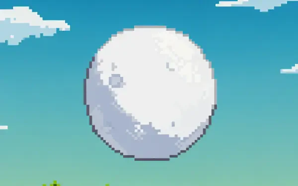 A pixel art snowball floats in a bright blue sky, surrounded by soft clouds, creating a whimsical scene perfect for a 4K Ultra HD desktop wallpaper and background.