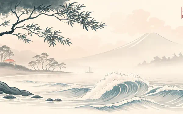 A serene chillwave-themed 4K Ultra HD wallpaper featuring gentle waves, misty mountains, and a tranquil landscape with trees and distant shorelines.