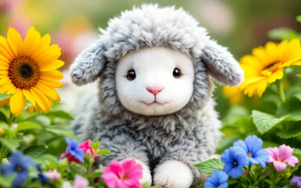 A fluffy, gray lamb with a sweet expression surrounded by vibrant flowers, set against a bright, lively background, creating a charming 4K Ultra HD desktop wallpaper.