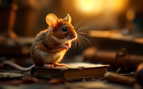 A cute mouse perched on an old book, surrounded by warm light and scattered books, creating a cozy atmosphere. This 4K Ultra HD image serves as a captivating desktop wallpaper.
