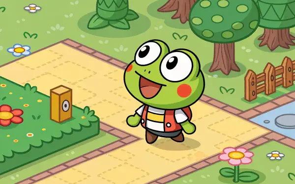 A cheerful frog character, Keroppi, walks along a sunny pathway adorned with flowers and trees. This vibrant scene is presented as a 4K Ultra HD PC desktop wallpaper and background.