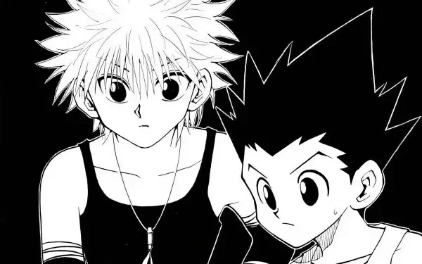 A black and white HD wallpaper featuring Gon Freecss and Killua Zoldyck from the manga Hunter x Hunter, showcasing their character design and camaraderie.